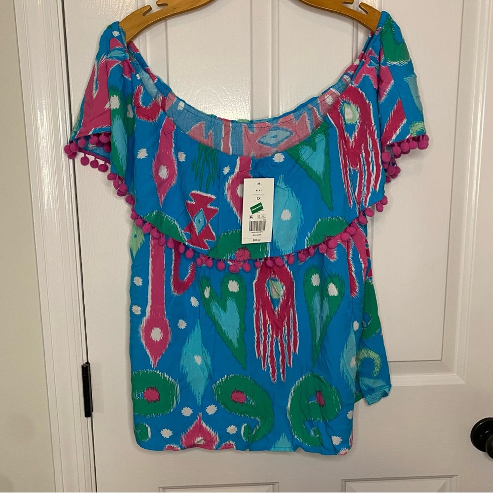 NWT Plus Size Pom Trip Crown & Ivy Top in Pink & Blue / 1X - Picture 3 of 10